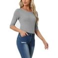 thumbnail image 4 of INSPIRE CHIC Women's Tops Elbow Sleeves Boat Neck Solid Slim Fit Casual Tee Shirts Light Gray M, 4 of 6