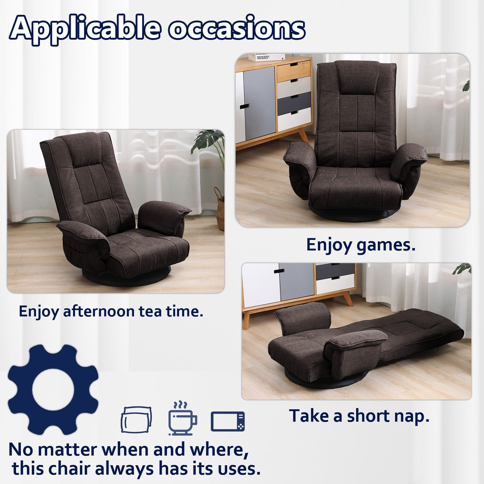 360 Degree Swivel Floor Chairs for Adults, Gaming Floor Chair with Back Support, 14 Angles Adjustable Comfortable Floor Lounge Chair Folding Video Game Chairs Office Bedroom