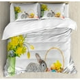 thumbnail image 1 of Easter Bunny Duvet Cover Set Queen Size, Vivid Yellow Flowers Grey Holiday Rabbit Dyed Easter Eggs in a Basket Photo, 3 Piece Bedding Set with 2 Pillow Shams, Multicolor, by Ambesonne, 1 of 3