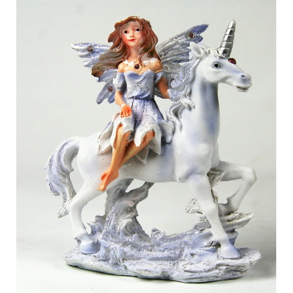 Blue Winged Fairy Riding Side-saddle Mystical White Unicorn with Silver Horn 5"