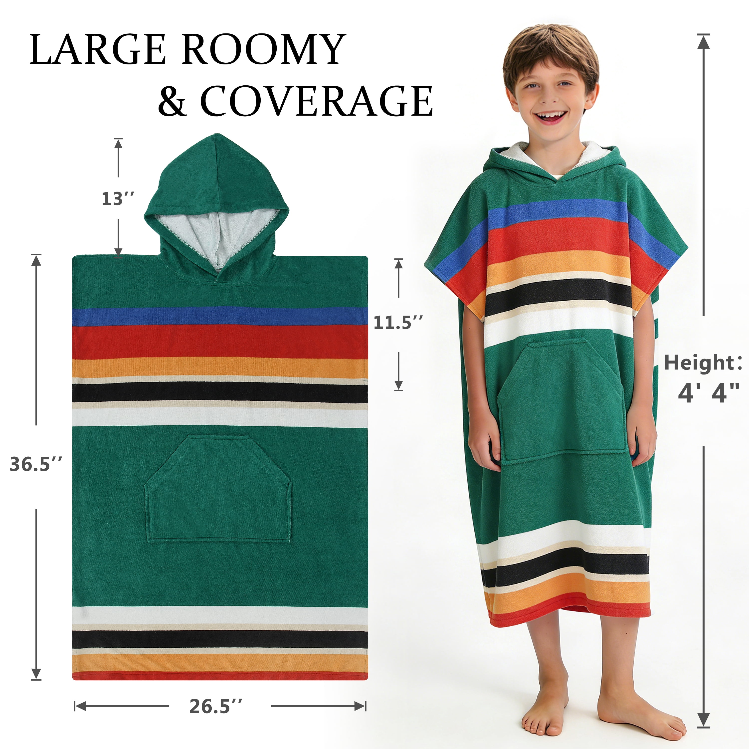 Catalonia Kids Hooded Poncho Towel, 100% Cotton Absorbent Changing Robe for the Beach, Pool, and Bath, Cute Gifts for Childrens (Boys and Girls), Green Stripe