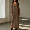thumbnail image 5 of Guieoi Shift Dresses for Women 2026 Fall Long-Sleeve V-neck Cotton-Linen Split-Hem Dress Brown M, 5 of 7