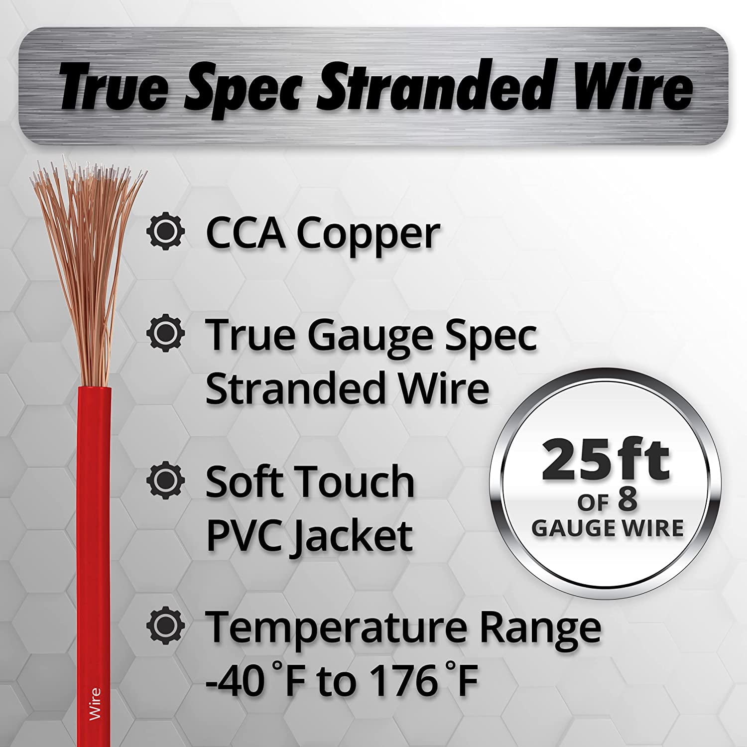 InstallGear 8 Gauge Amp Power Wire (25ft) Copper Clad Aluminum CAA - 8AWG Wire, Automotive Wire, Car Amplifier Power and Ground Cable, Car Audio Speaker Stereo, Battery Cable, Welding Cable 8ga Wire