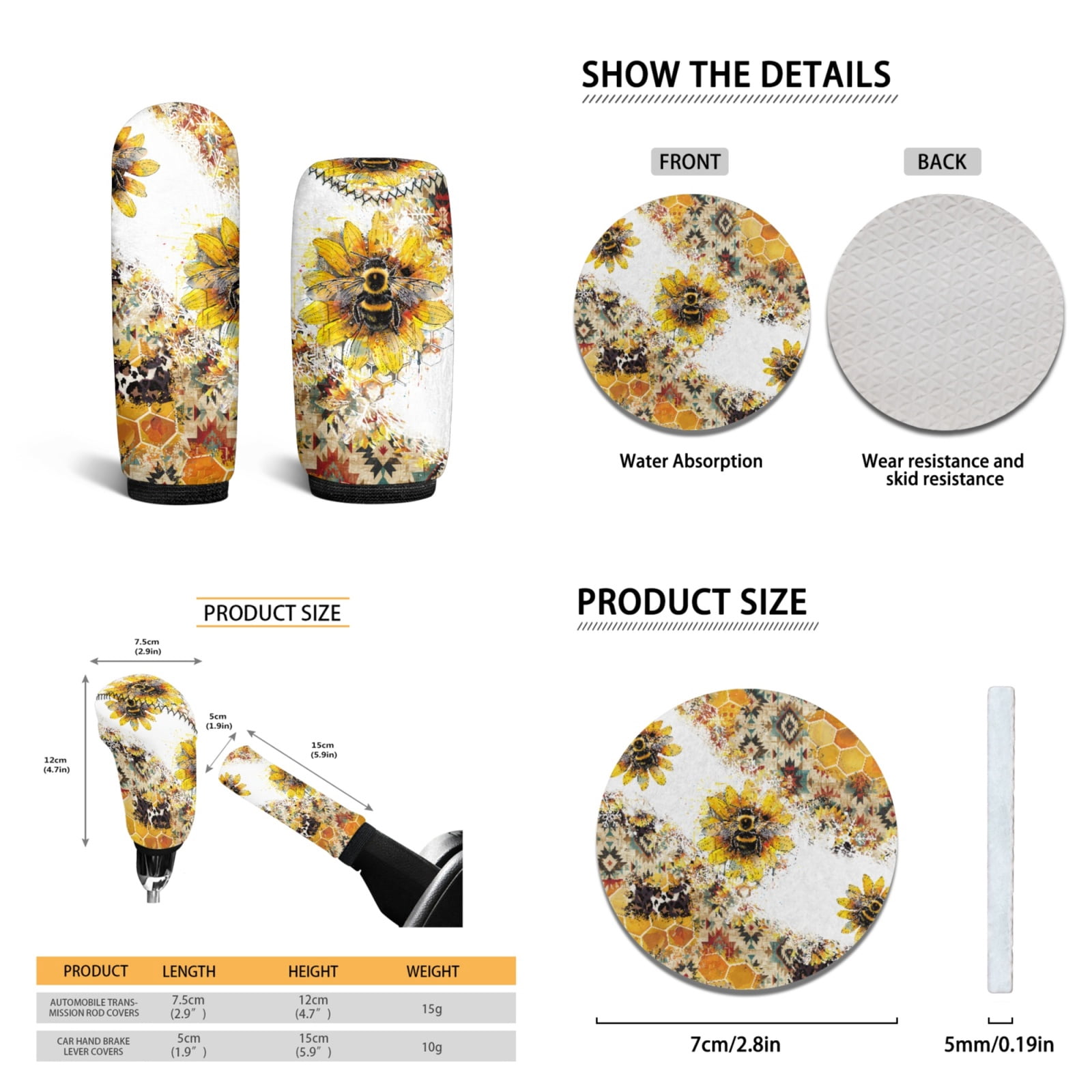 Yuyamidu Bee Car Seat Cover Set of 15 Yellow Sunflower Auto Carpet Mats Steering Wheel Cover Seat Belt Pad Car Gear Shift Cover Rearview Mirror Cover for Truck Sedan