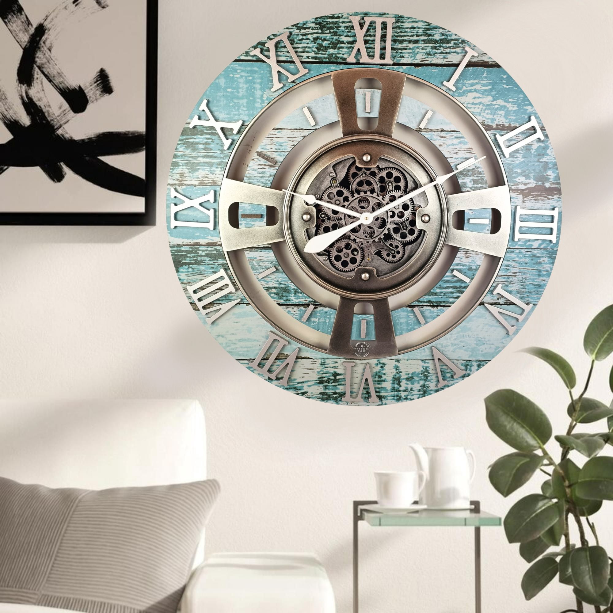 THE GEARS CLOCK Wall Clock with Real Moving Gears EN-LI_ 24 in Round Aqua-Green