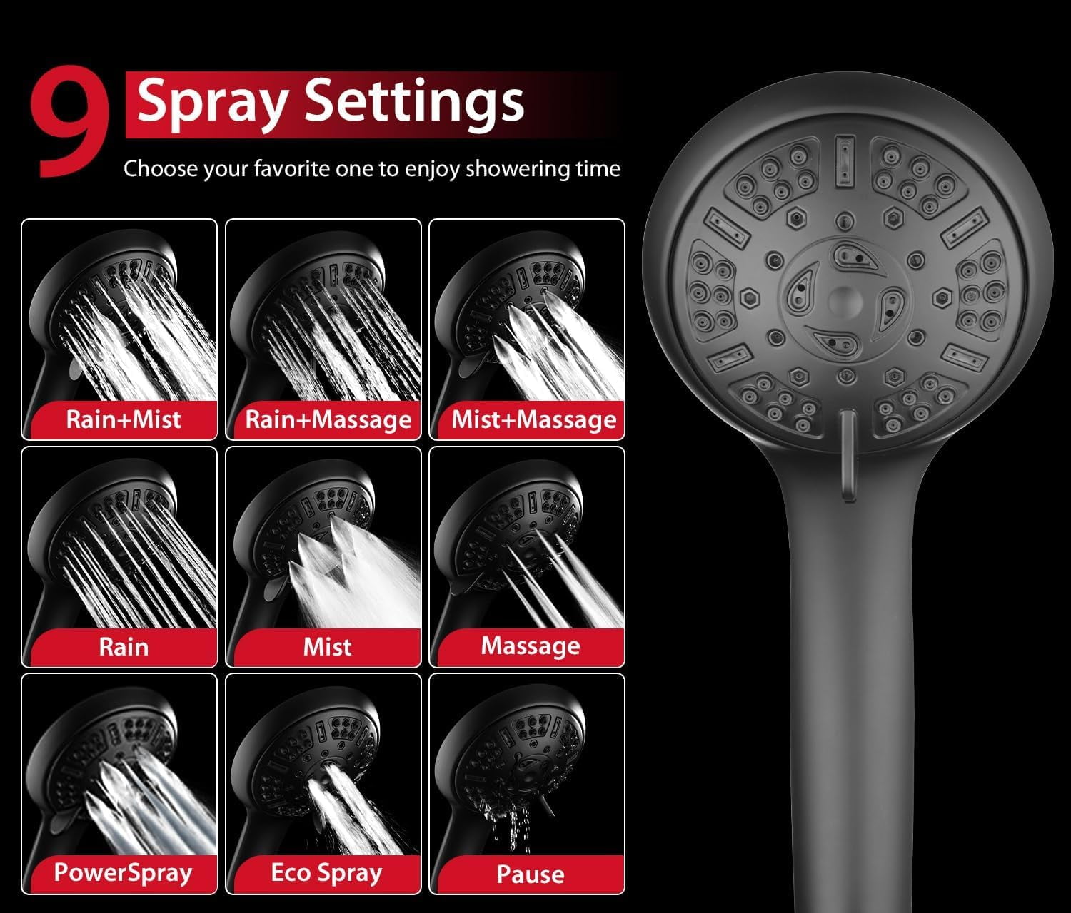 KESTE Shower Head with Handheld Spray Combo: High Pressure 2 in 1 Shower Heads with 60” Hose & 9 Mode Adjustable Handheld Shower, Double Rain Showerhead for Bathroom with Anti-Clog Nozzles, Black
