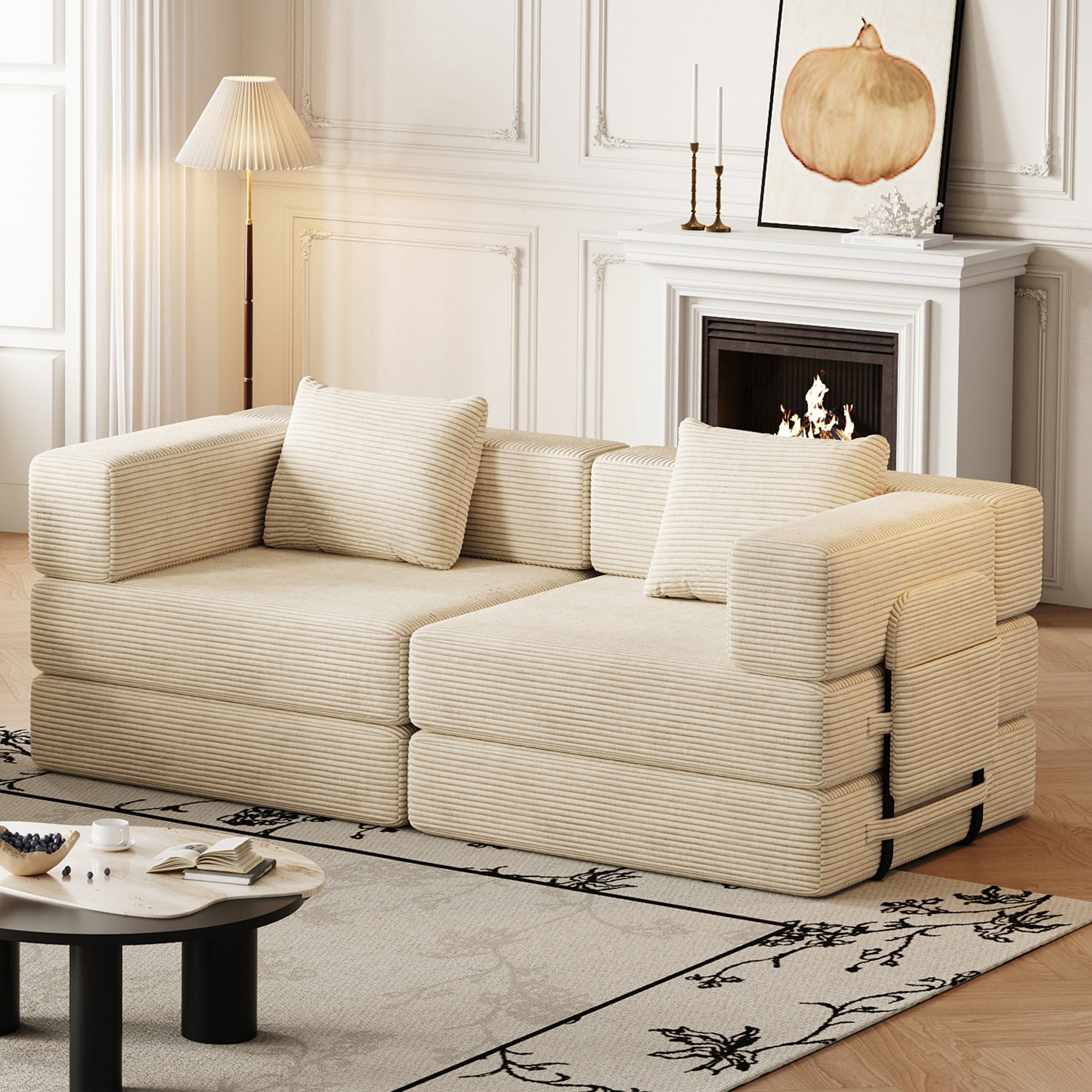72" Convertible Corduroy Sofa Bed,Folding Sleeper Couch with Two Side Storage Pockets & Two Cushions for Living Room,Bedroom,Beige