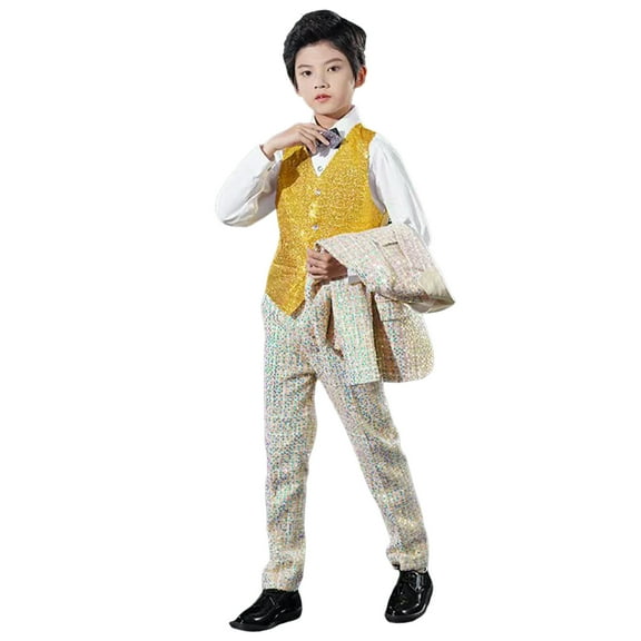 TJAZFJPA Cute Outfits for Kids Summer Toddler Boys Tuxedo Suit Boys Slim Fit Formal Wedding Party Revelry Shinning Outfit Suit Kids 4 Piece Vest Pants Jacket Suit Set Baby Clothes Boy Newborn Romper