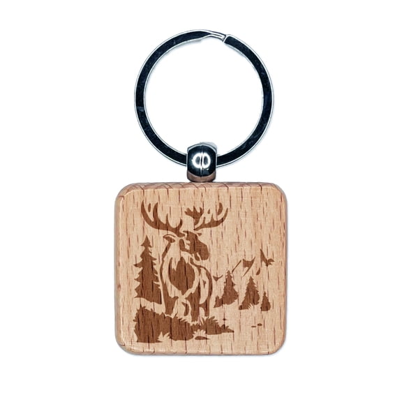 Wild Moose in Rocky Mountains Nature Square Keychain Charm Tag - Engraved Wood