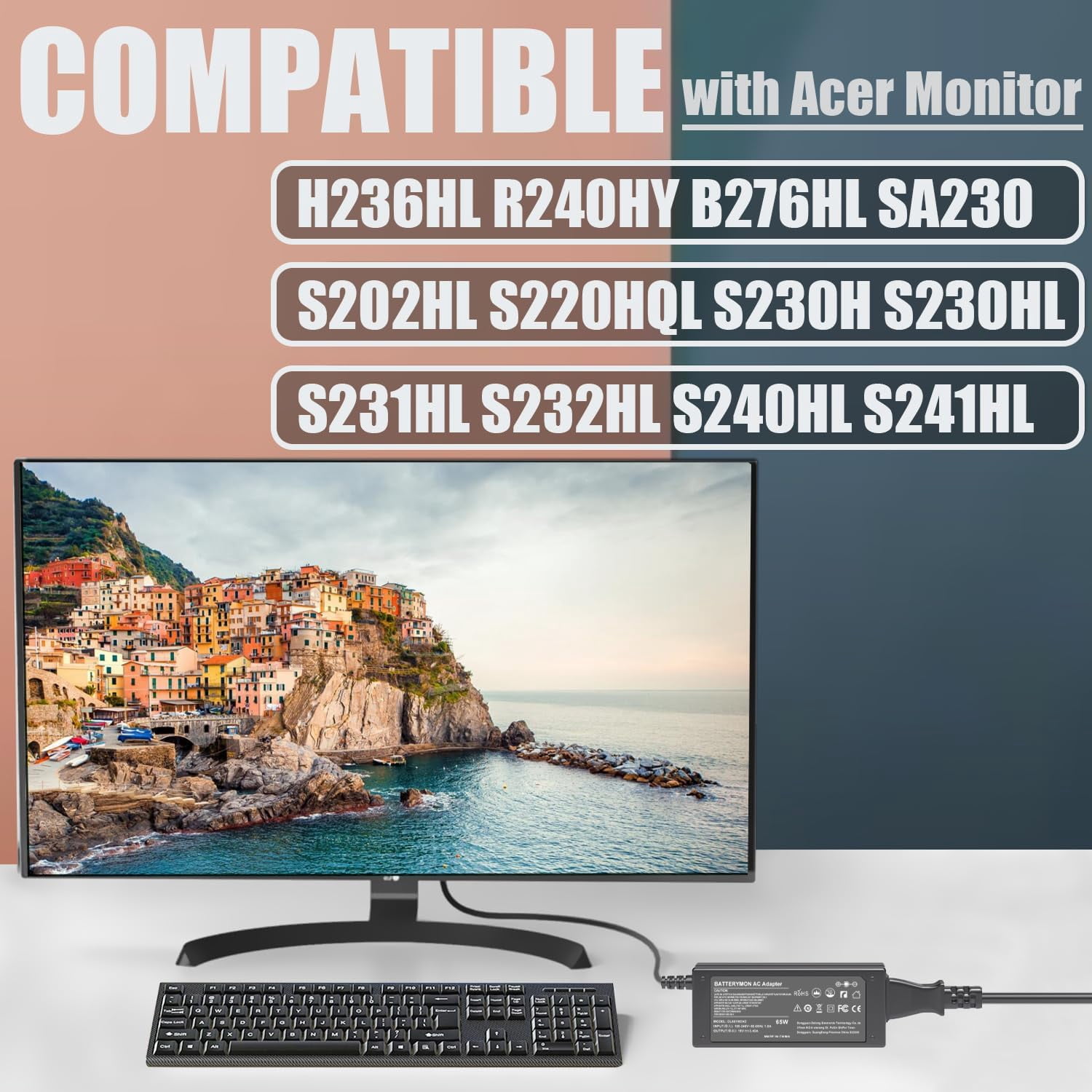 19V Power Supply for Acer LCD SB220Q S230HL SA230 R240HY H236HL S202HL G236HL G276HL H0236HL  Acer Monitor Power Cord