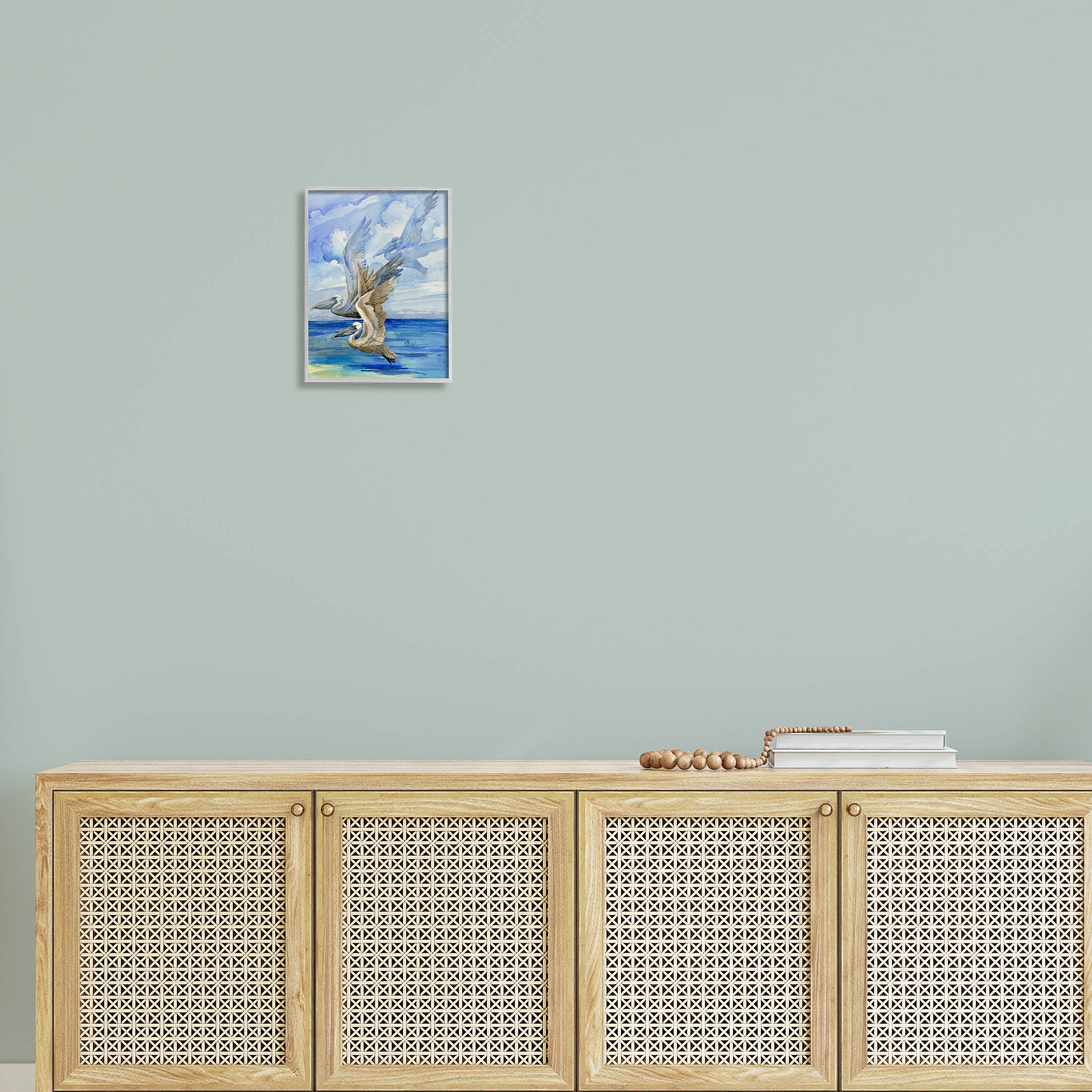 Stupell Industries Pelicans Trio Over Ocean Shore Painting Gray Framed Art Print Wall Art, Design by Paul Brent