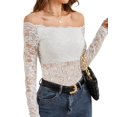 thumbnail image 3 of Women Lace Trim Off Shouder Top Long Sleeve Double Lined Y2k Trendy T Shirts White XL, 3 of 7
