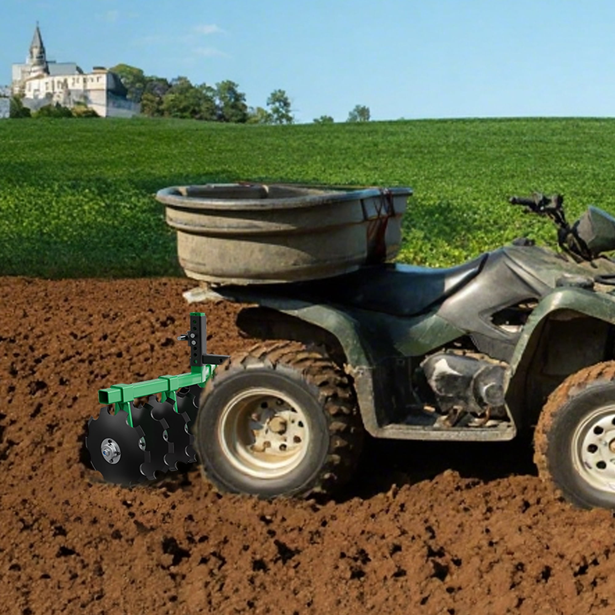 32" Tow-Behind Disc Harrow Plow for ATV/UTV/Garden Tractors, 2" Receiver Hitch, Adjustable Height Soil Tiller with 12" Steel Discs, Green