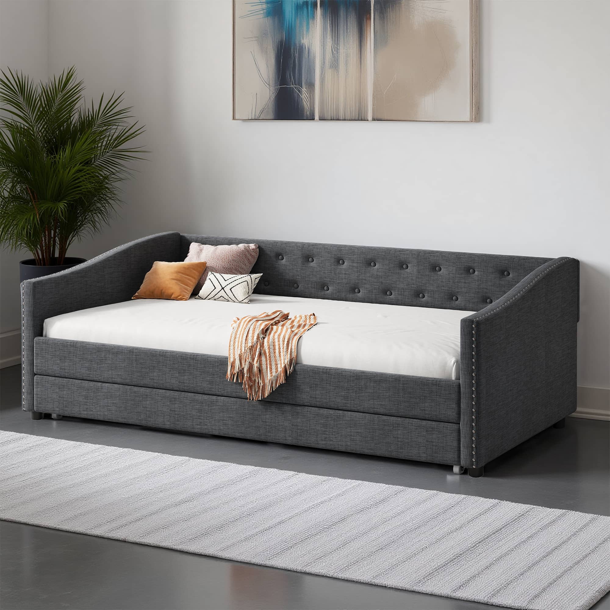 MAYEERTY Twin Size Upholstered Tufted Sofa Bed with Drawers, Dark Grey