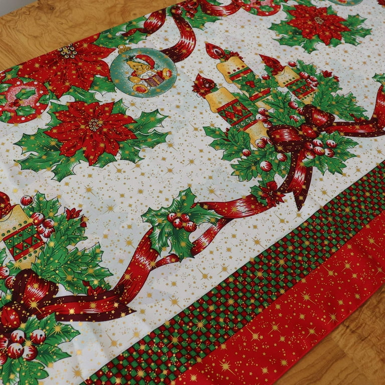 Christmas table runner; Christmas ornament table sold runner. Gold accents in all fabrics and gold machine quilting Approx 48”x14”. Lots of gold