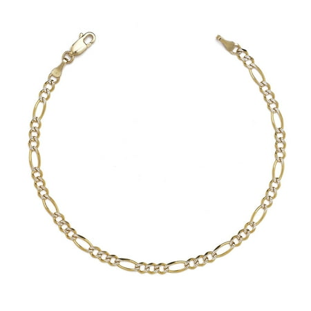10k Figaro Anklet - 10k Two-Tone Gold Figaro Chian Bracelet and Anklet with White Pave, 0.1 Inch (2.5mm)