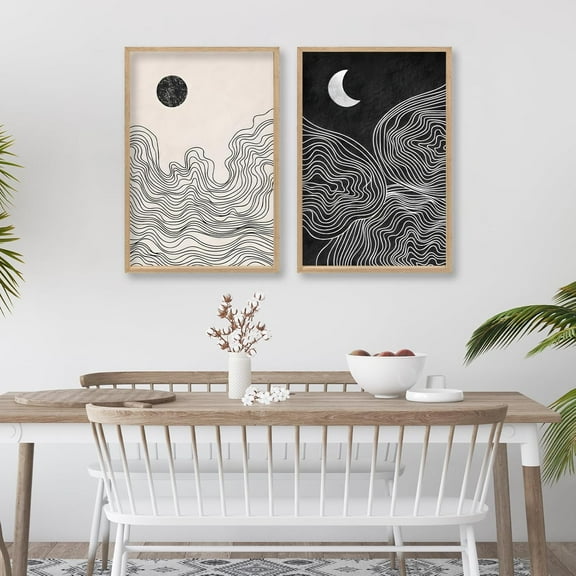 Boho Flowers Wall Art Sign Set of 3 16"x11" Mid Century Modern Minimalist Wooden Framed Abstract Flower for Vintage Living Room Bedroom Wall Hanging Decor (Black)