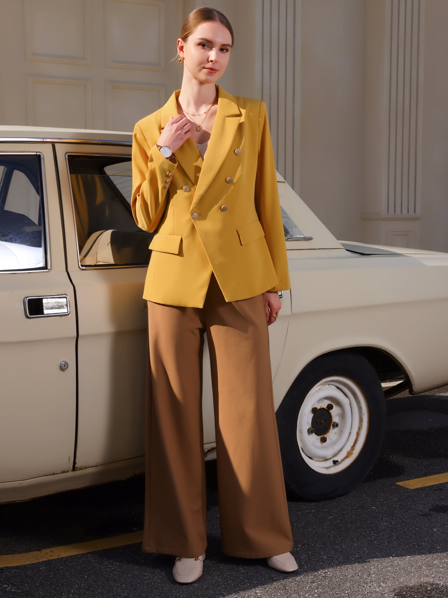 DARING DIVA Women's Spring Double Breasted Blazer for Elegant Looks XL Yellow