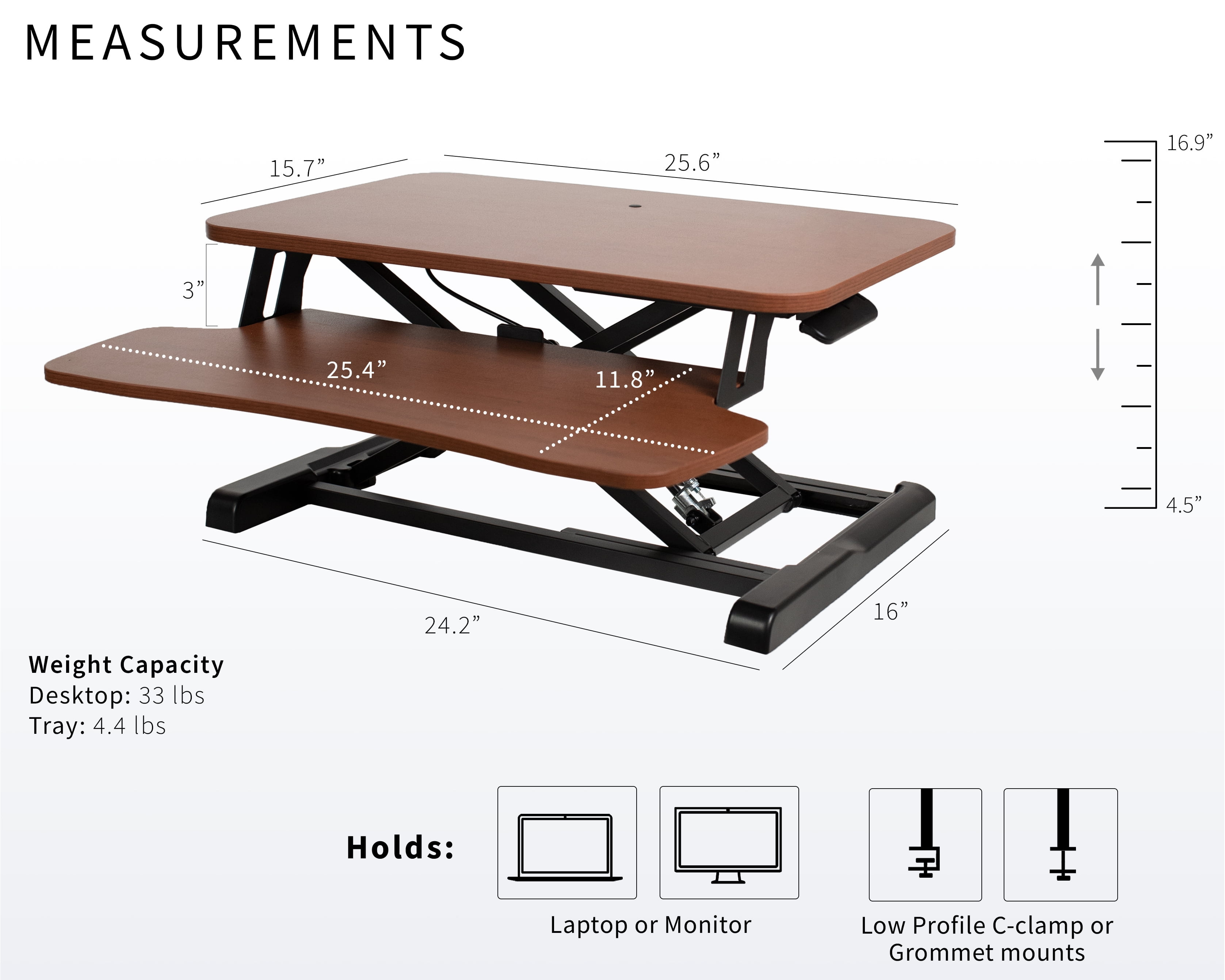 VIVO Dark Walnut 26" Height Adjustable Standing Desk Monitor Riser, Black Frame