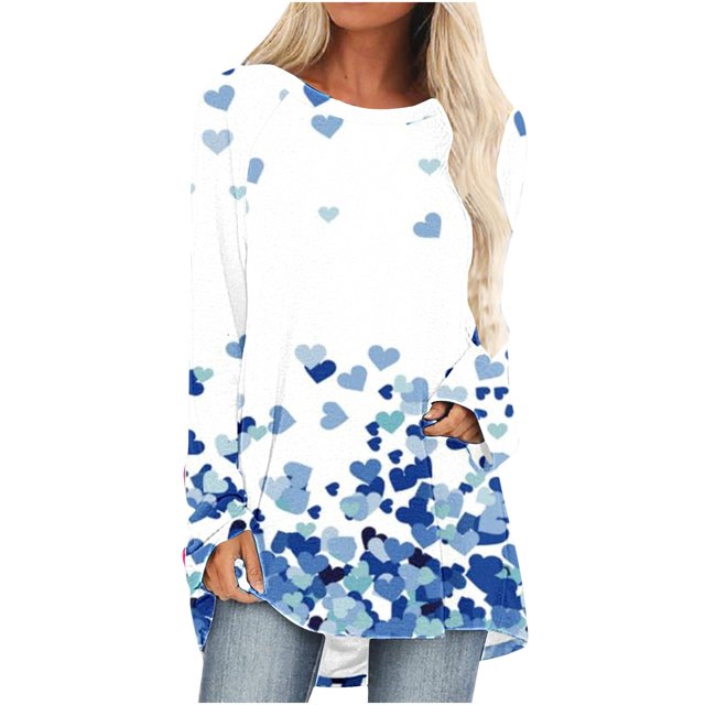 Cameland Chemises Grande Taille pour Femmes Imprimé Cœur Hauts de la Saint-Valentin Manches Longues Tunique Col Rond Blouses