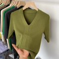 thumbnail image 1 of Pull Femme Manches Courtes Col en V Rayé Tricoté Ajusté Mode Coréenne Pull-Overs Hauts Fins 2024 Chemises de Base, 1 of 6