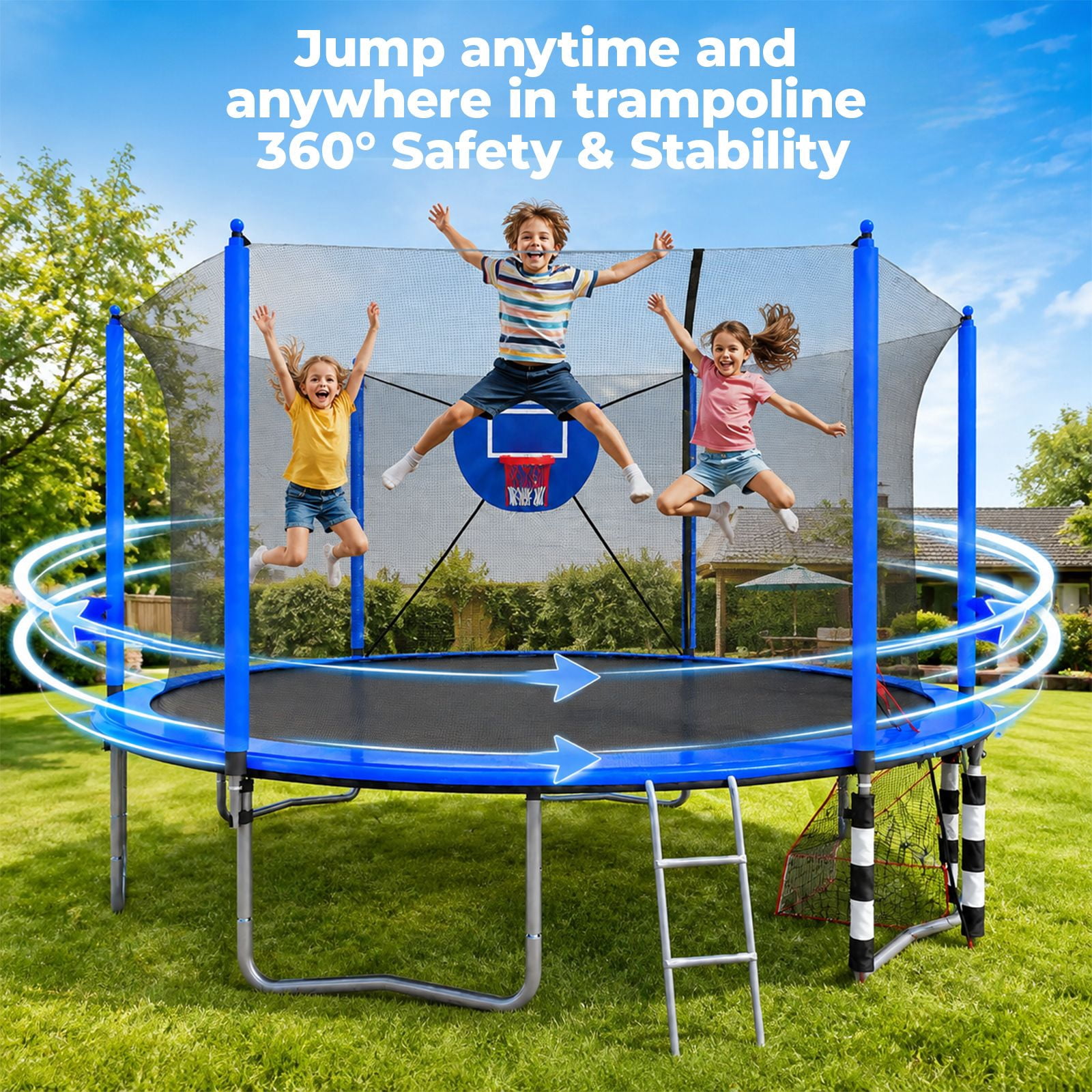 Alvantor 16Ft Trampoline for Kids & Adults, Round Trampoline with Enclosure Net,Basketball Hoop,Soccer Goal and Ladder for Backyard Blue