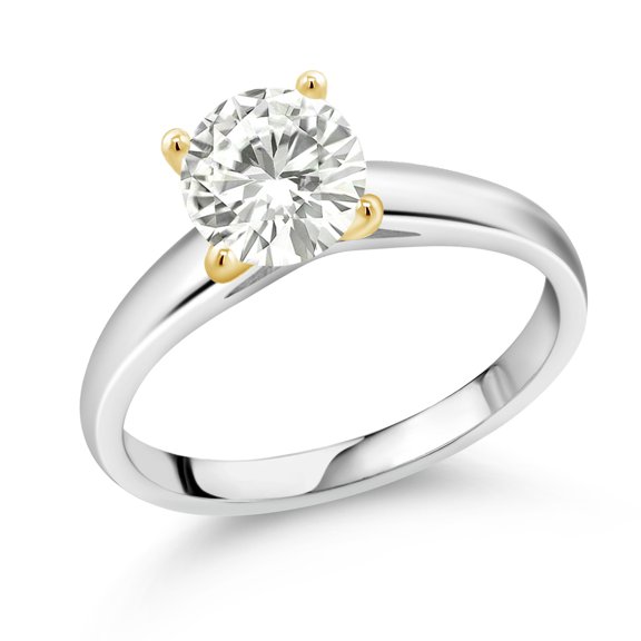 Gem Stone King 925 Silver and 10K Yellow Gold Ring Solitaire Ring Set with 7mm Round 1.20cttw Moissanite (Size 6)