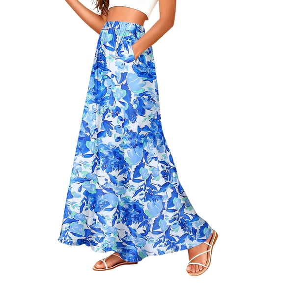 Women's Floral Print Elegant Satin A-line Slimming Midi Skirt Blue L