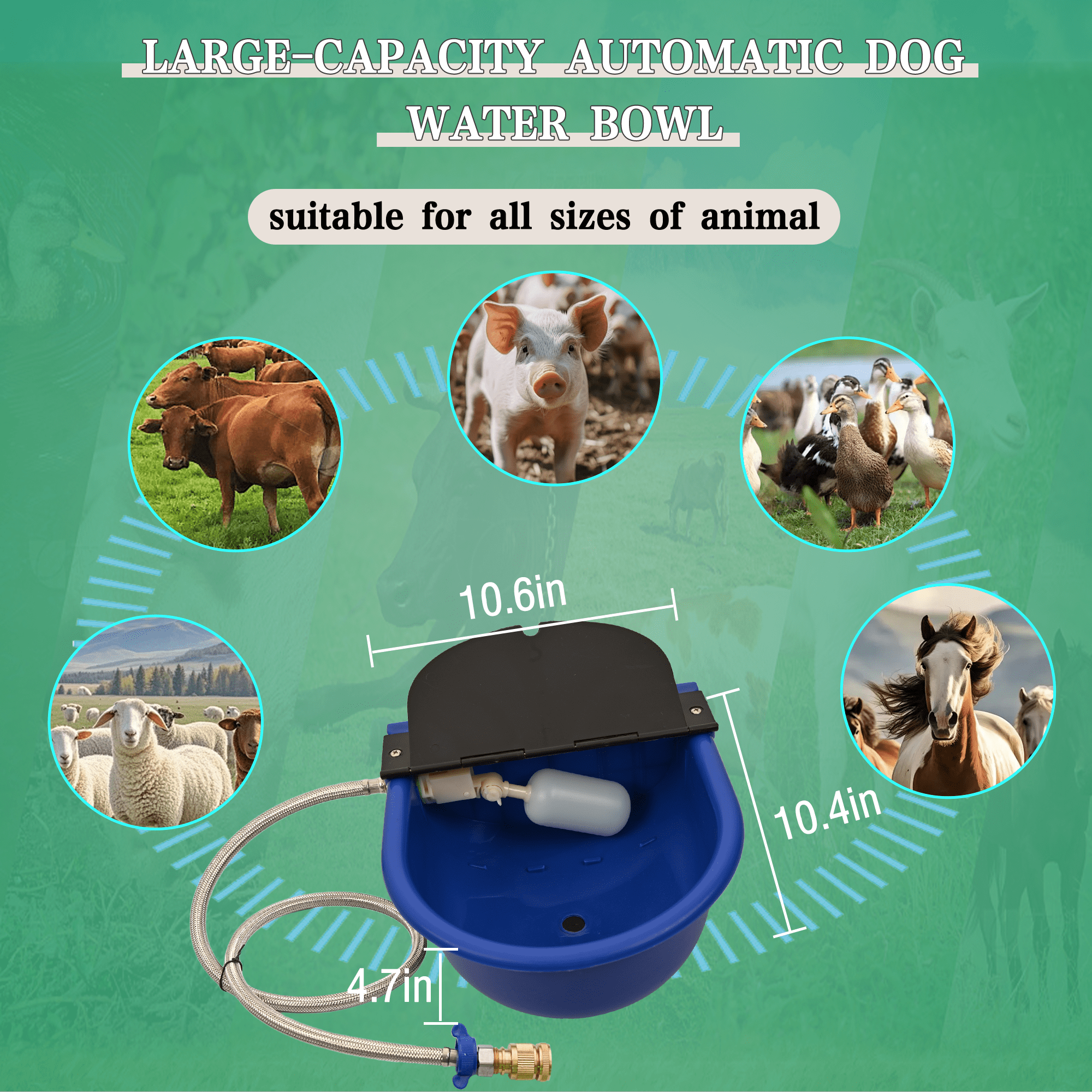 Automatic Water Dispenser for Dogs, Automatic Chicken Waterer with Drain Valve, 1 Gallon Outdoor Auto Livestock Water Bowl with Float Valve, Hose Quick Connector for Horse, Duck, Dig (Blue)