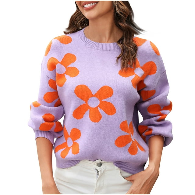 Penkiiy Women's Fall Long Puff Sleeve Sweaters 2024 Casual Crewneck Ribbed Knit Flower Color Block Loose Pullover Tops M Purple