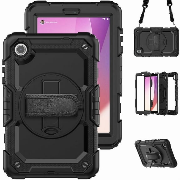 for Lenovo Tab M8 HD 4th Gen 2023 (TB-300XU TB-300FU) 8 inch Heavy Duty Shockproof Protective Rugged Case with Screen Protector Stand and Hand Strap Shoulder Strap,Black