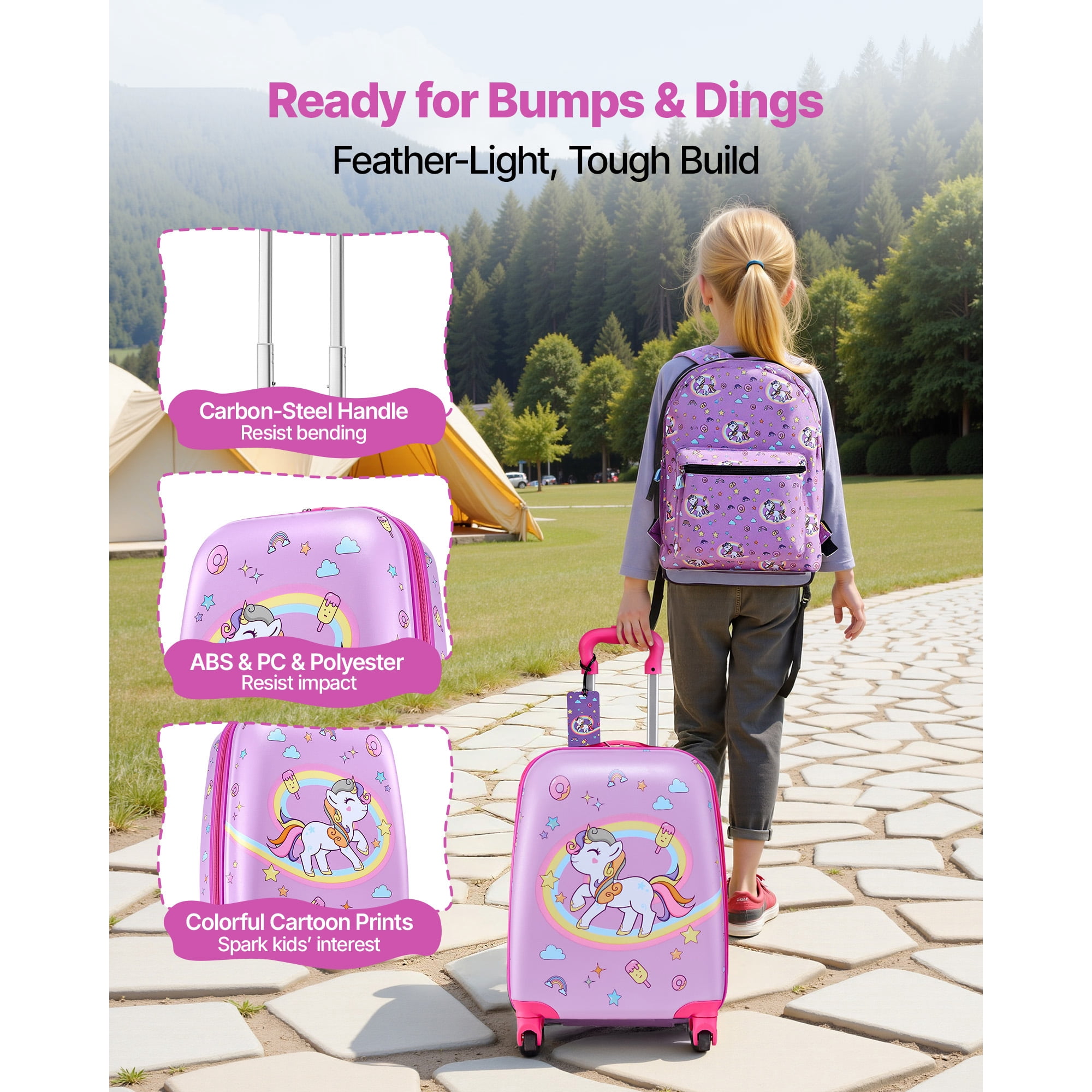 KFFKFF Kids Luggage Set, 5-Piece, 18-Inch Hard Shell Rolling Suitcase with Backpack & U-Shape Pillow, Unicorn-Themed Travel Set for Children, Perfect for Holidays and Birthdays, Airline Friendly