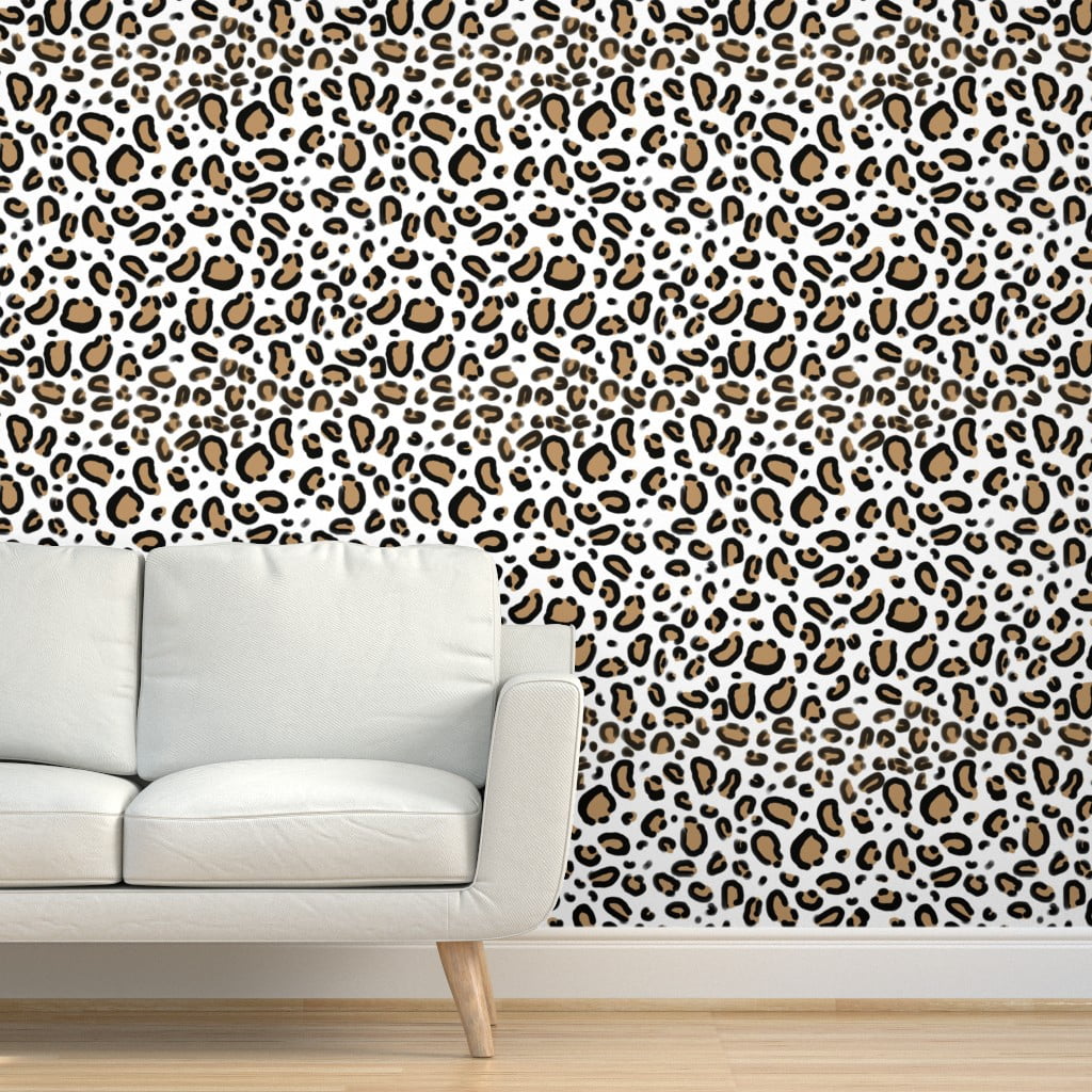 Peel & Stick Wallpaper 3ft x 2ft - Leopard Animal Print White Background  Natural Tan Cheetah Spots Girly Custom Removable Wallpaper by Spoonflower -  