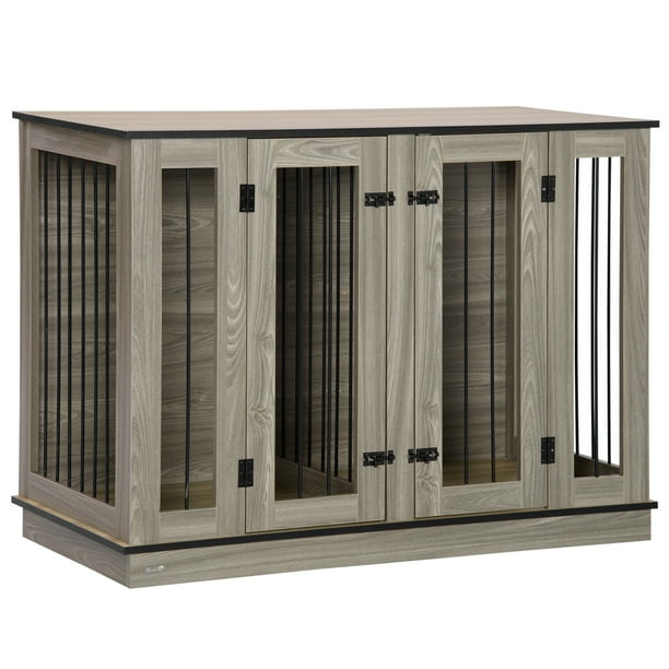 Pawhut Dog Crate Furniture With Divider Panel Dog Kennel End Table For Large Dogs Decorative Pet House With Two Rooms Design For 2 Small Dogs With 2 Front Doors 47 25 X 23 5