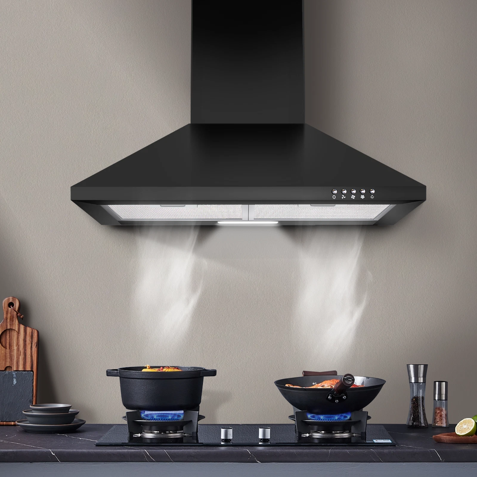 Range Hood 24 inch Range Hood Stainless Steel Oven Vent Hood,Wall Mount Kitchen Hood,Ducted/Ductless Chimney-Style Kitchen Exhaust Hood with Push Button Control,Stove Vent Hood with 3-speed Fan