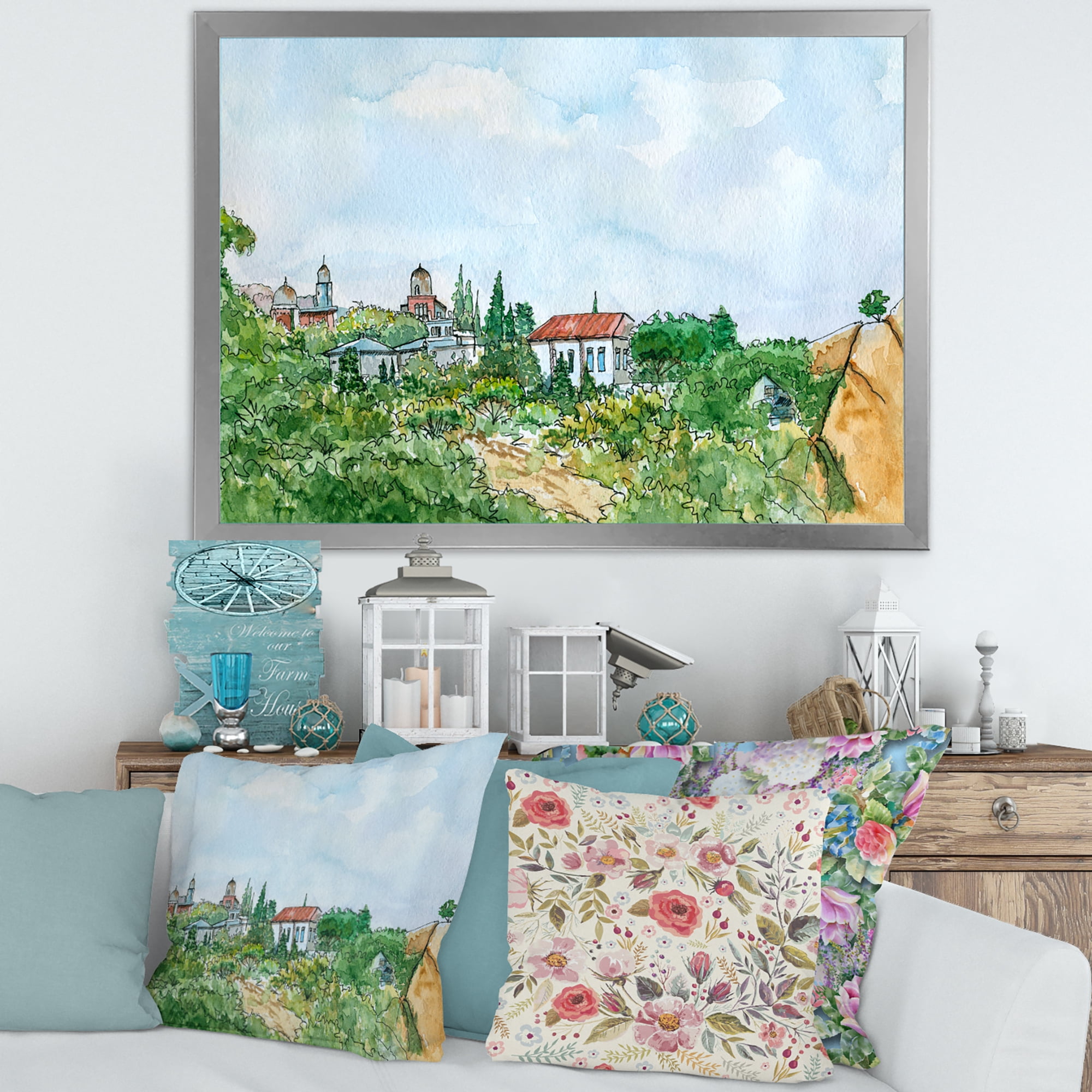 Designart 'White House With Red Roof In The Lush Green Countryside' Traditional Framed Art Print