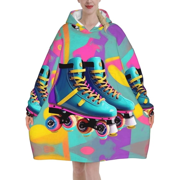 Retro Colorful Roller Skates Print Adults Cozy Oversized Blanket Hoodie Family Winter Lightweight And Easy To Wear Black