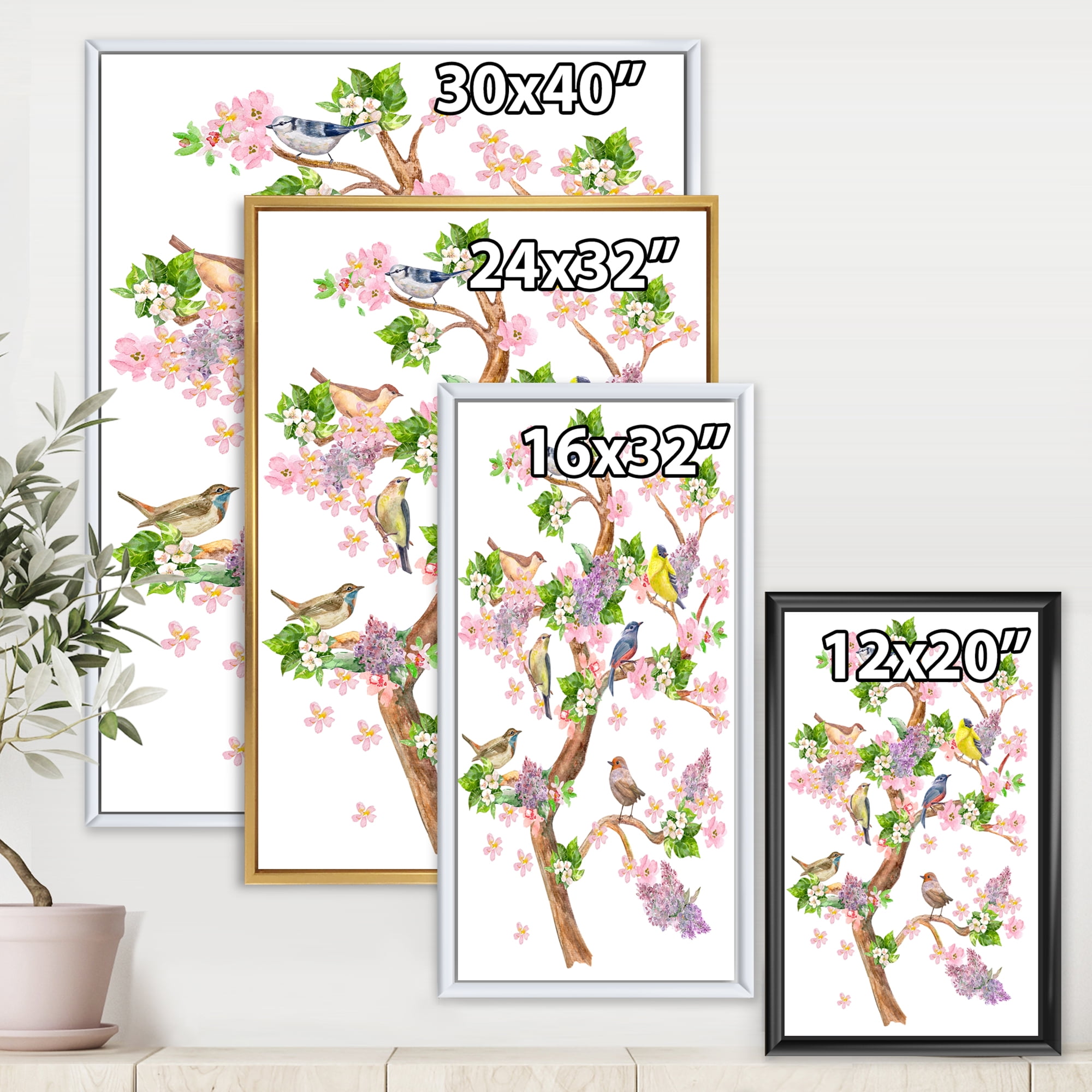 Designart 'Tree With Colorful Birds Sitting On Flowering Branches' Traditional Framed Canvas Wall Art Print