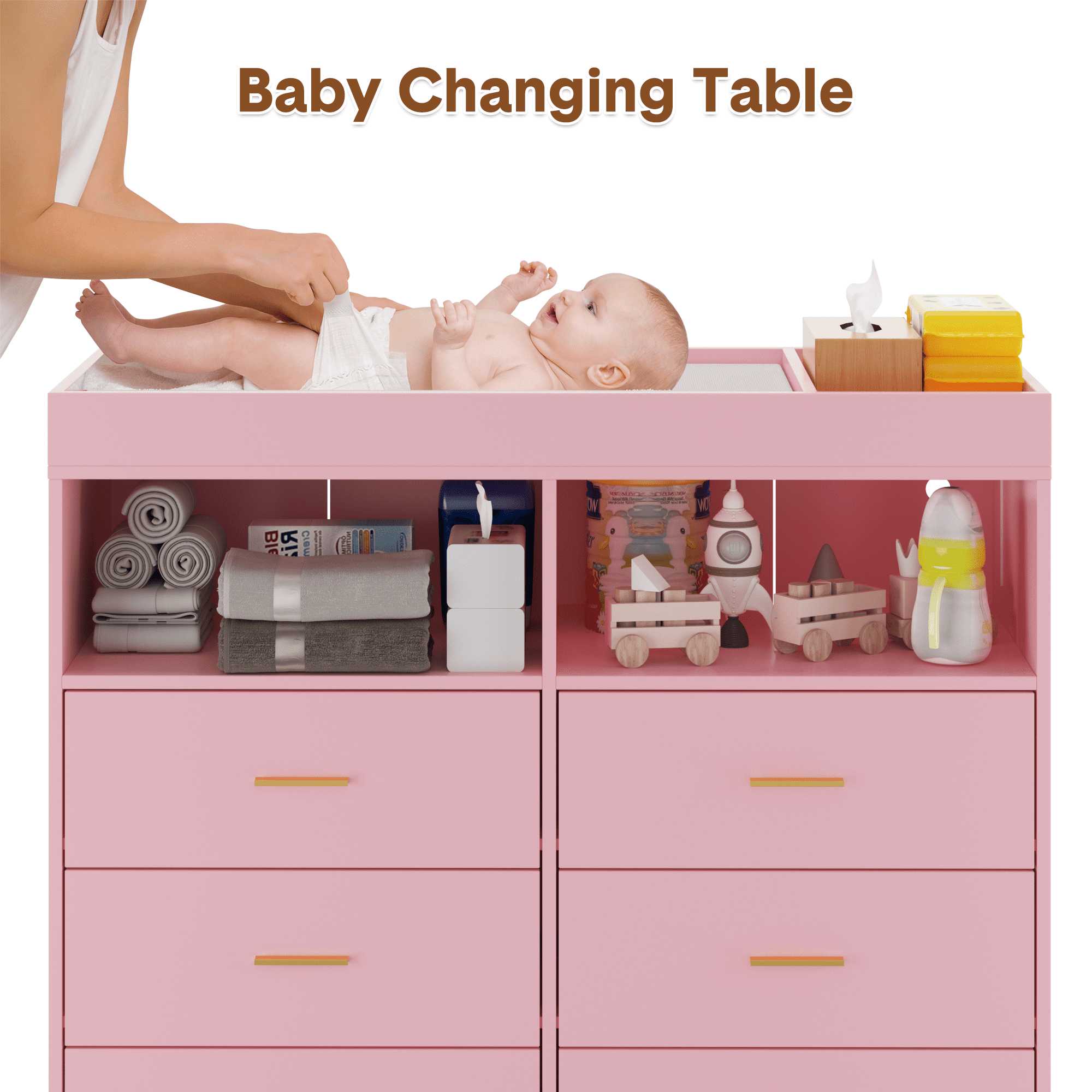Towallmark Dressers for Bedroom with 6 Drawers,Changing Table Dresser with Changing Pad,LED Lights & Charging Station,Pink