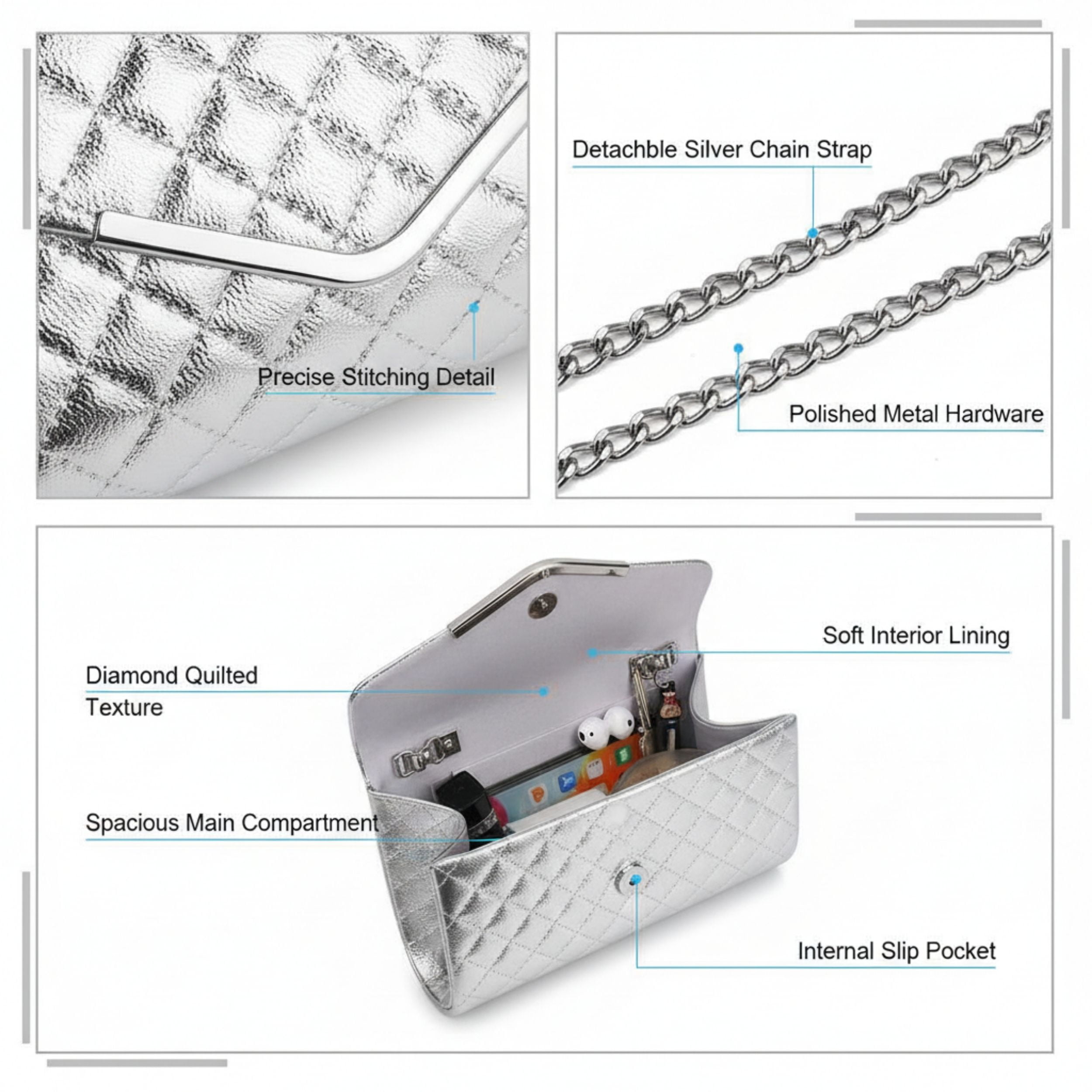 Quilted Texture Clutch Bag with Silver Chain Shoulder Strap for Women Travel Organization
