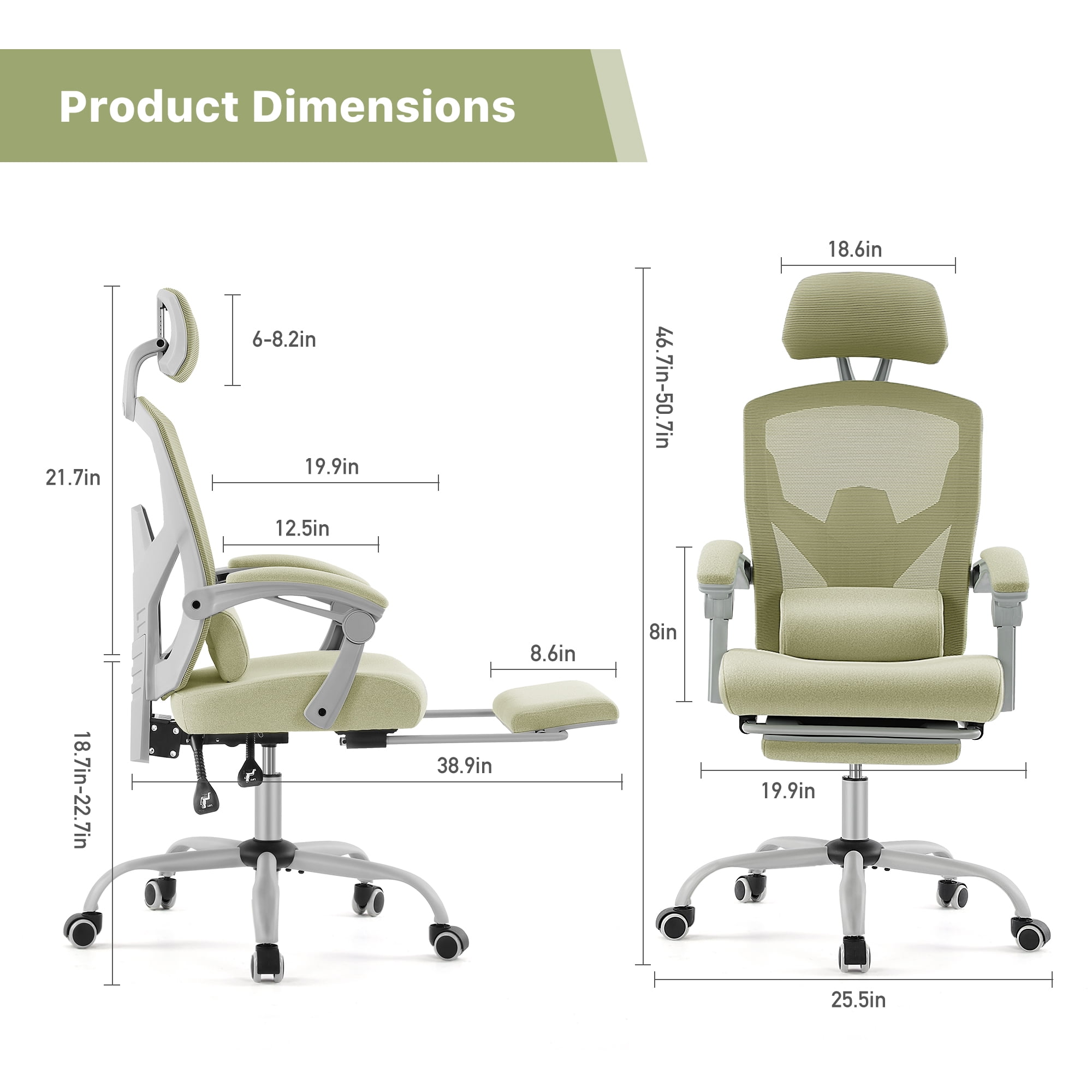 CONCETTA Ergonomic High Back Mesh Office Chair with Headrest, Footrest, Armrests for Adults, Green