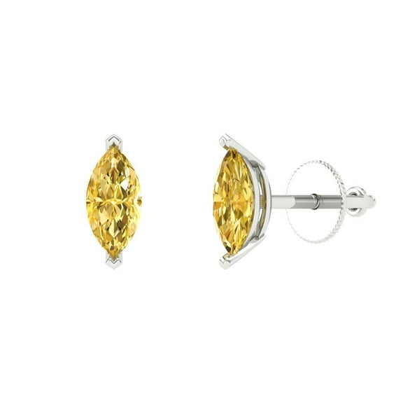 1 ct Push-Back Stud Earrings for Women | 8x4mm Marquise Cut Simulated Yellow Diamond | 18K White Gold