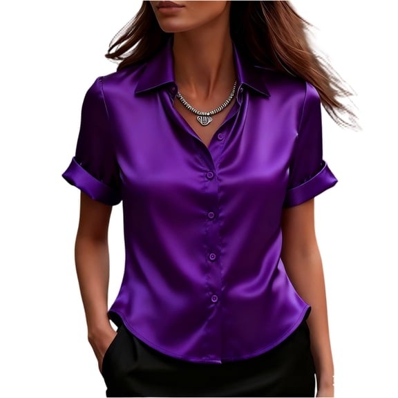 Kixjoy Velvet Shirt Women Short Sleeve Elegant Collared Tops Soft Casual Soild Blouses Holiday Dressy Fall Outfits for Women, Purple XXL