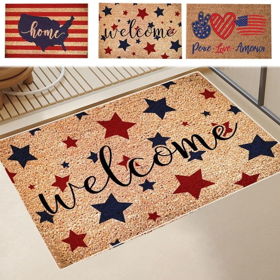 4th of July Patriotic Door Mat, Red White Blue Star Welcome Mats with Heavy Duty Backing, Faux Doormat for Independence Day Home Porch Garage Farmhouse Decor (C)