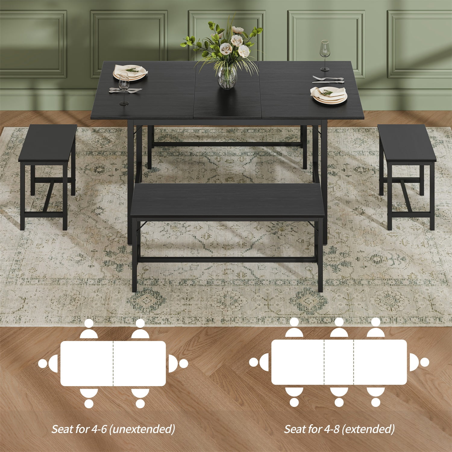 Hommoo 63" Expandable Dining Table Set for 4-8 People, Modern Extendable Kitchen Table with 2 Benches & 2 Stools, Wood Top & Metal Frame, Easy Assembly, Black