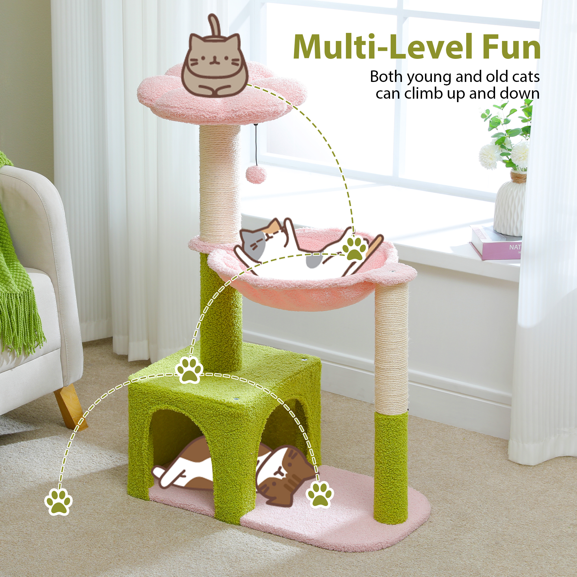 Pawz Road 36.6" Flower Cat Tree Tower, Pink photo 5