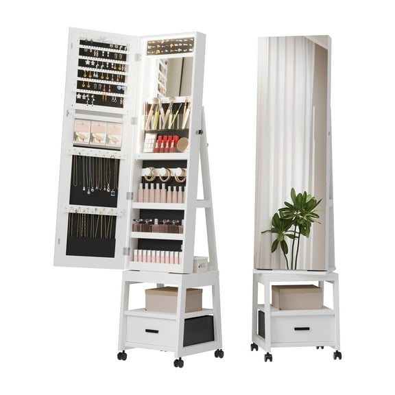 Huloretions 360°Swivel Jewelry Cabinet with LED Lights,Full Length Jewelry Mirror with Storage,Inside Makeup Mirror,Lockable Standing Jewelry Armoire with Drawer and Wheels