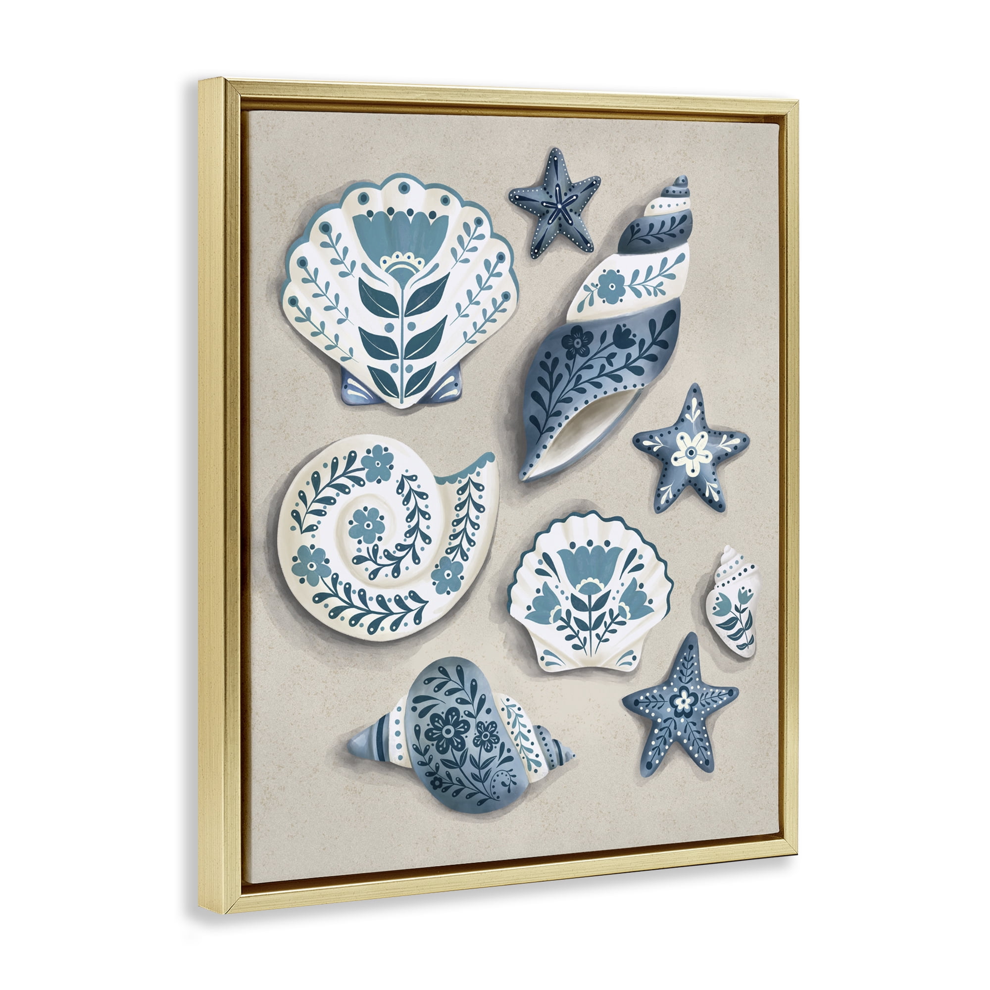Stupell Industries Teal Nautical Floral Seashells Gold Framed Floater Canvas Wall Art, design by Penny Aguilera