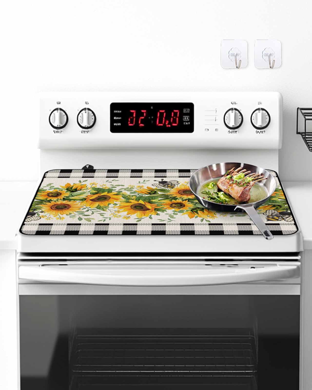 Stove Top Covers for Electric Stove, Sunflower Glass Stovetop Cover Protector, Summer Botanical Bee Rustic Black Plaid Induction Cooktop Protector Oven Mat for Kitchen Countertop 24"x21"