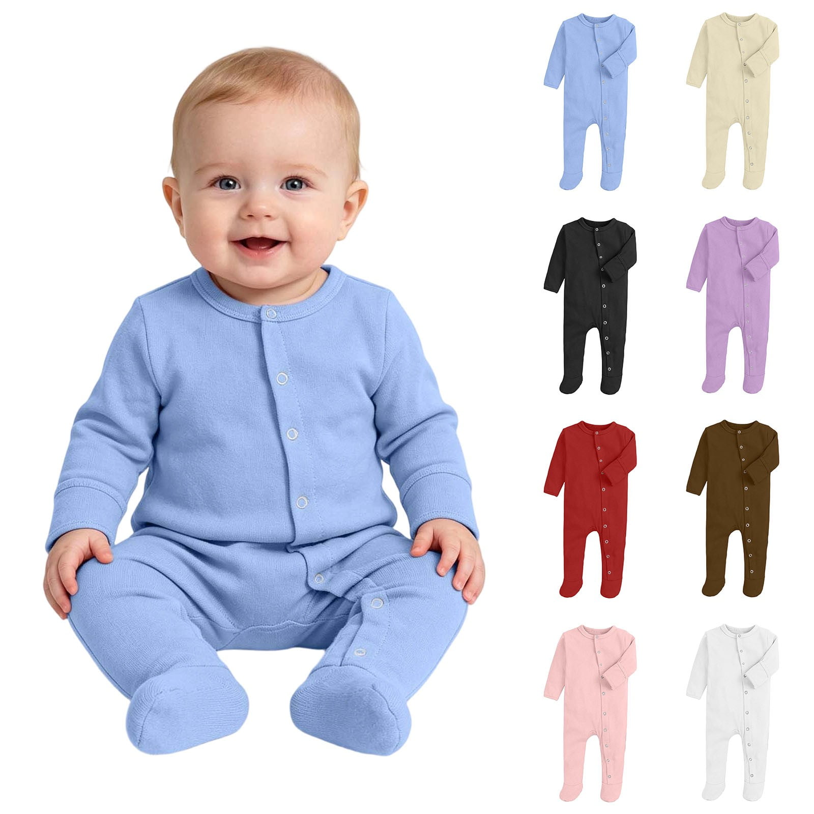 SROBPTY Newborn Boys Girls Romper Solid Crew Neck Long Sleeve with Button Jumpsuit for 0-12 Months